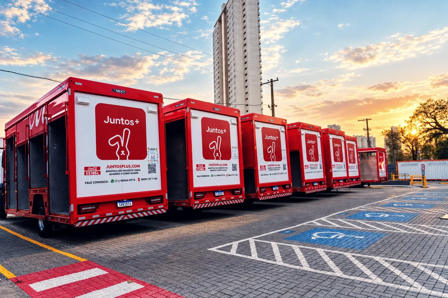 Frota de caminhões Coca-Cola FEMSA com a marca Juntos+ em um centro de distribuição.